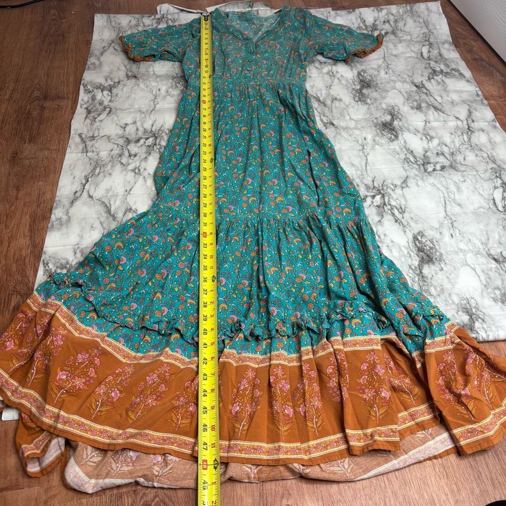 Cottagecore Boho Prairie style maxi dress floral print blue orange size small - Picture 6 of 7